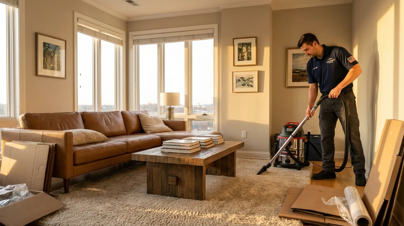 Wide shot of fully organized living room post-move with zero debris and aligned furniture