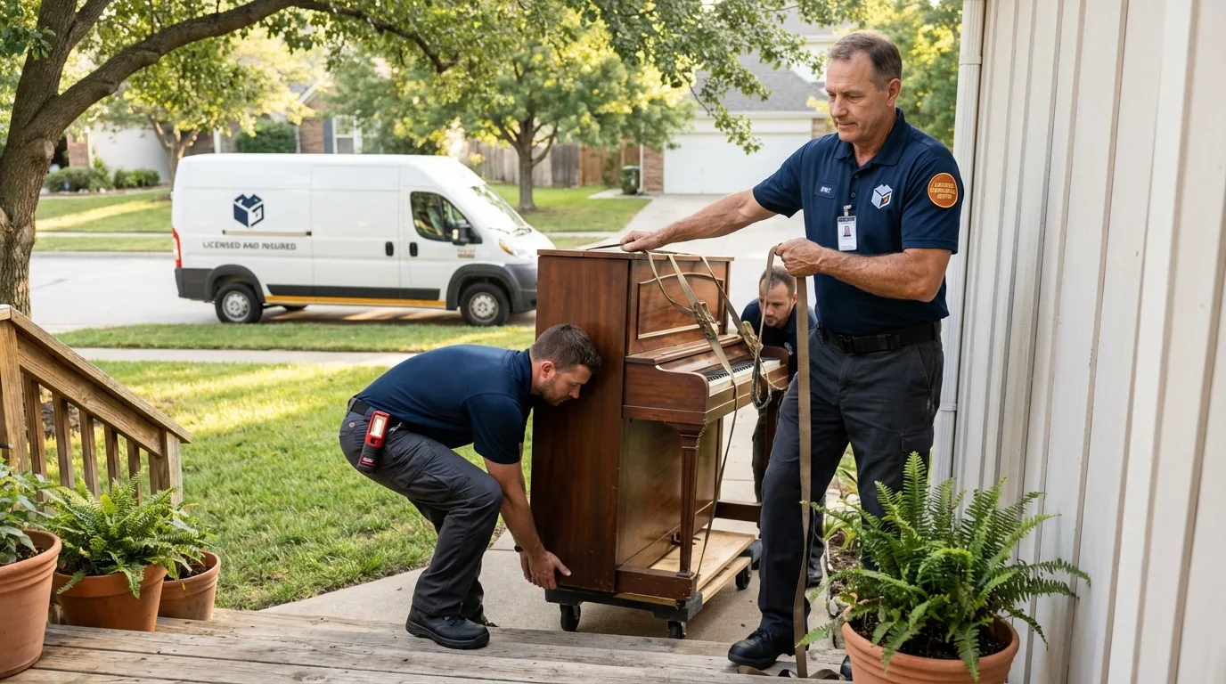 Licensed piano movers securing grand piano in Galliano, LA