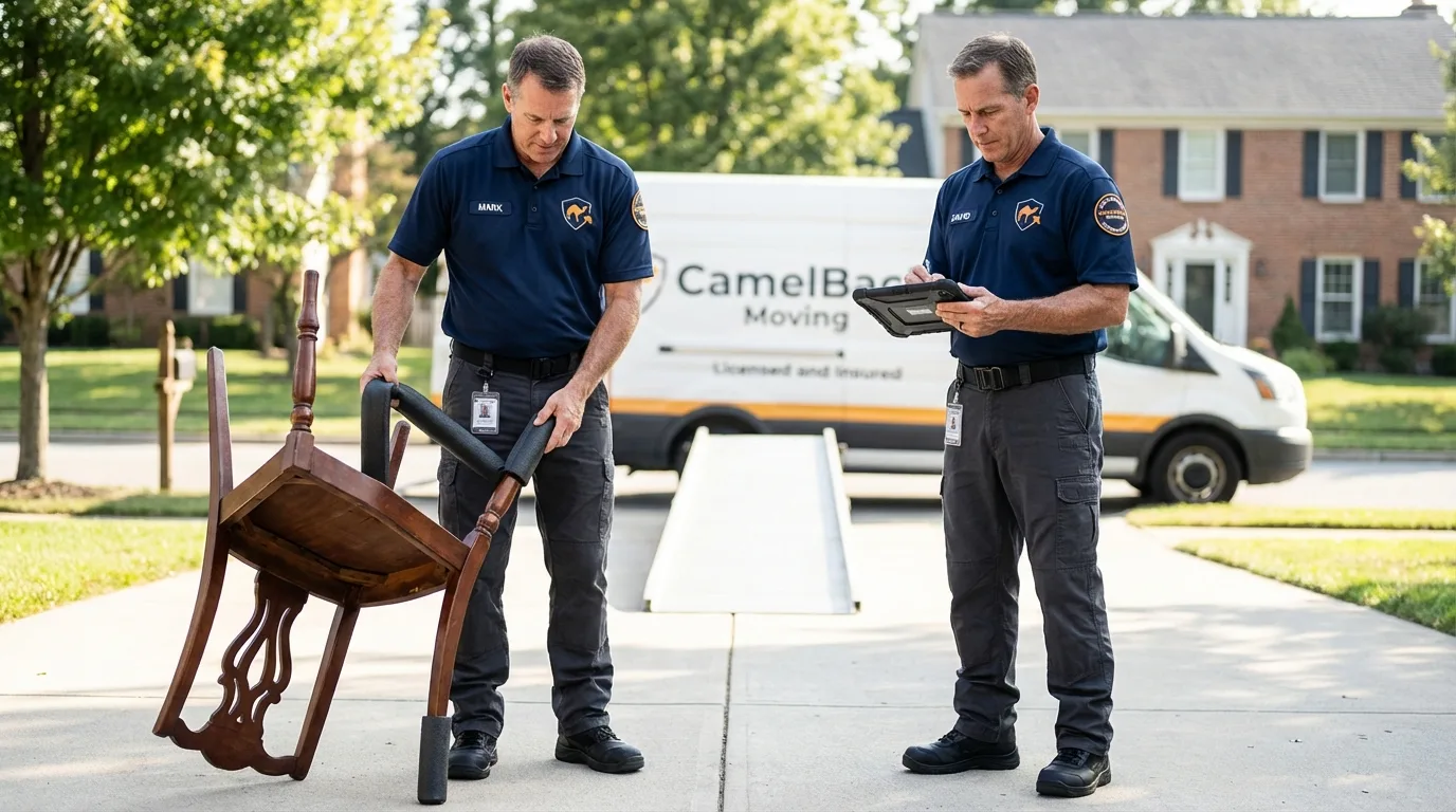 Movers inspecting furniture for damage prevention before loading in Galliano, LA